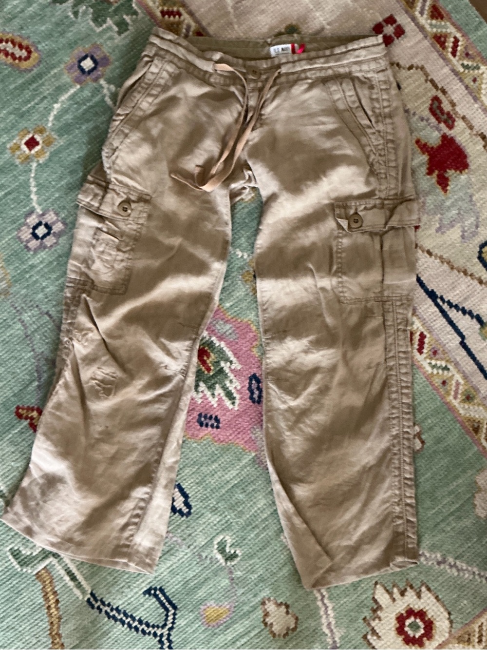 100% Linen Cargo Pants Tan Drawstring Waist Cropped Utility Size 0